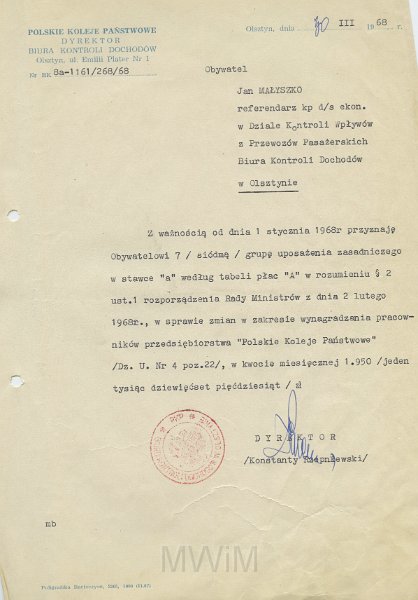 KKE 5615.jpg - Dok. Pismo z Polskich Kolei Państwowych w Olsztynie dla Jana Małyszko dotyczące zmiany uposażenia zasadniczego, Olsztyn, 30 III 1968 r.